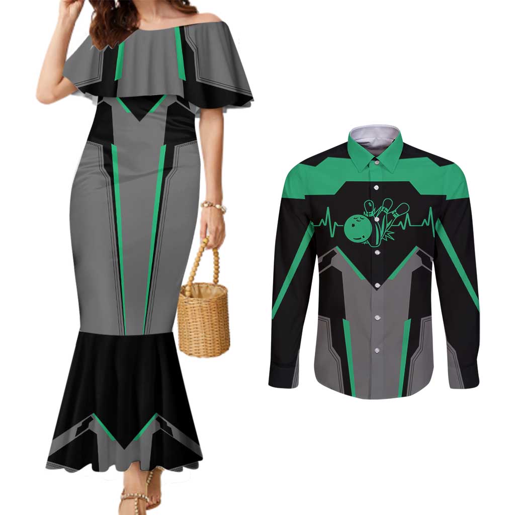 Personalized Bowling Heartbeat Team Couples Matching Mermaid Dress and Long Sleeve Button Shirt For Bowlers Green and Gray - Wonder Print Shop
