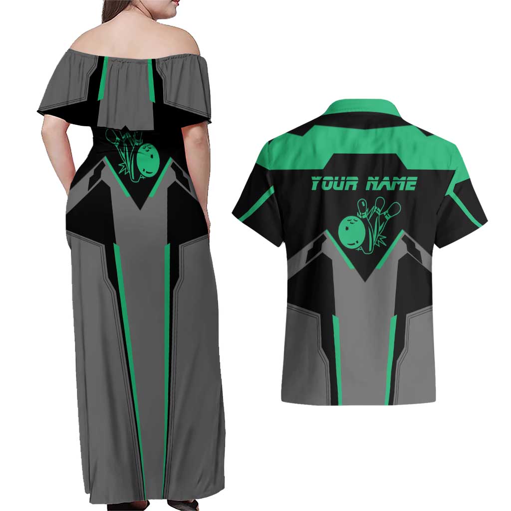 Personalized Bowling Heartbeat Team Couples Matching Off Shoulder Maxi Dress and Hawaiian Shirt For Bowlers Green and Gray - Wonder Print Shop