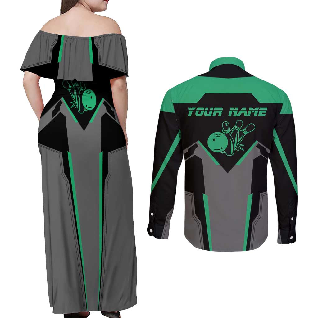 Personalized Bowling Heartbeat Team Couples Matching Off Shoulder Maxi Dress and Long Sleeve Button Shirt For Bowlers Green and Gray - Wonder Print Shop