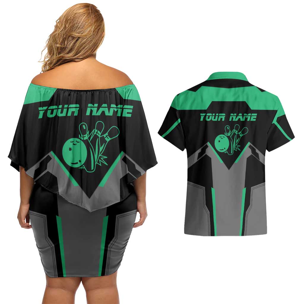 Personalized Bowling Heartbeat Team Couples Matching Off Shoulder Short Dress and Hawaiian Shirt For Bowlers Green and Gray - Wonder Print Shop