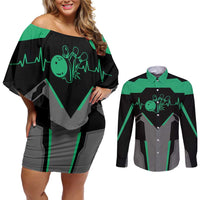 Personalized Bowling Heartbeat Team Couples Matching Off Shoulder Short Dress and Long Sleeve Button Shirt For Bowlers Green and Gray - Wonder Print Shop