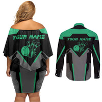 Personalized Bowling Heartbeat Team Couples Matching Off Shoulder Short Dress and Long Sleeve Button Shirt For Bowlers Green and Gray - Wonder Print Shop
