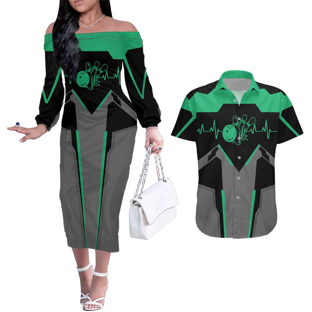 Personalized Bowling Heartbeat Team Couples Matching Off The Shoulder Long Sleeve Dress and Hawaiian Shirt For Bowlers Green and Gray - Wonder Print Shop