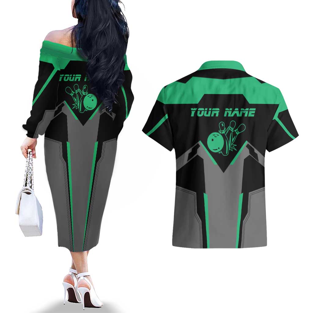 Personalized Bowling Heartbeat Team Couples Matching Off The Shoulder Long Sleeve Dress and Hawaiian Shirt For Bowlers Green and Gray - Wonder Print Shop