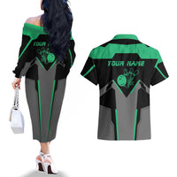 Personalized Bowling Heartbeat Team Couples Matching Off The Shoulder Long Sleeve Dress and Hawaiian Shirt For Bowlers Green and Gray - Wonder Print Shop