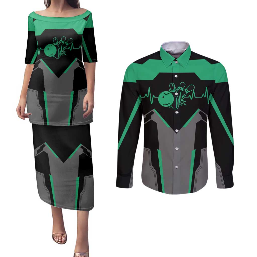 Personalized Bowling Heartbeat Team Couples Matching Puletasi and Long Sleeve Button Shirt For Bowlers Green and Gray - Wonder Print Shop
