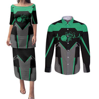 Personalized Bowling Heartbeat Team Couples Matching Puletasi and Long Sleeve Button Shirt For Bowlers Green and Gray - Wonder Print Shop