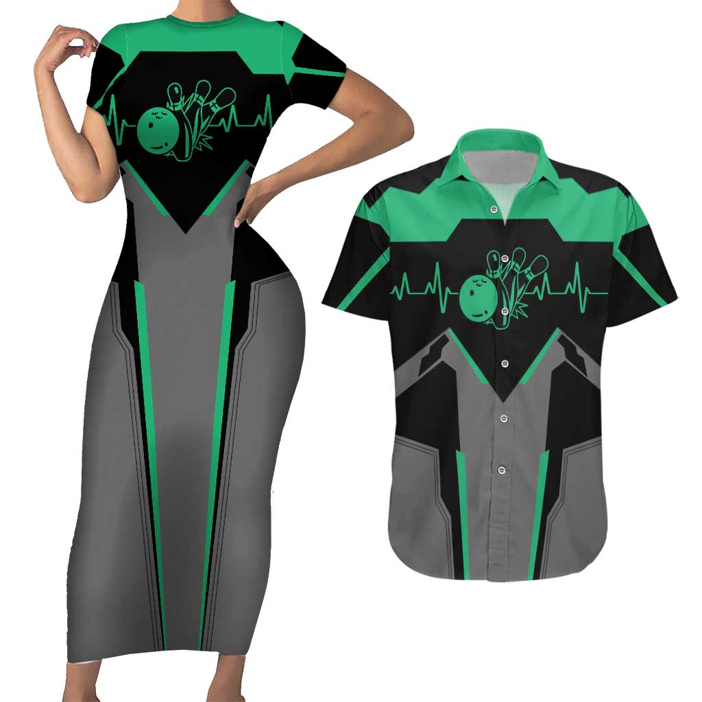 Personalized Bowling Heartbeat Team Couples Matching Short Sleeve Bodycon Dress and Hawaiian Shirt For Bowlers Green and Gray - Wonder Print Shop