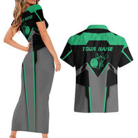 Personalized Bowling Heartbeat Team Couples Matching Short Sleeve Bodycon Dress and Hawaiian Shirt For Bowlers Green and Gray - Wonder Print Shop