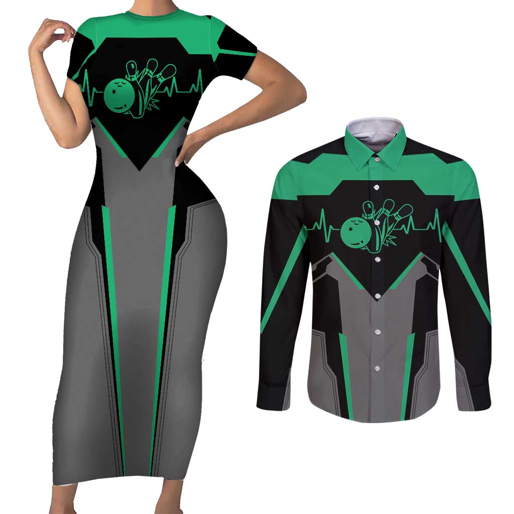Personalized Bowling Heartbeat Team Couples Matching Short Sleeve Bodycon Dress and Long Sleeve Button Shirt For Bowlers Green and Gray - Wonder Print Shop
