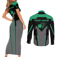 Personalized Bowling Heartbeat Team Couples Matching Short Sleeve Bodycon Dress and Long Sleeve Button Shirt For Bowlers Green and Gray - Wonder Print Shop