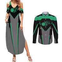 Personalized Bowling Heartbeat Team Couples Matching Summer Maxi Dress and Long Sleeve Button Shirt For Bowlers Green and Gray - Wonder Print Shop