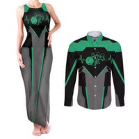 Personalized Bowling Heartbeat Team Couples Matching Tank Maxi Dress and Long Sleeve Button Shirt For Bowlers Green and Gray - Wonder Print Shop