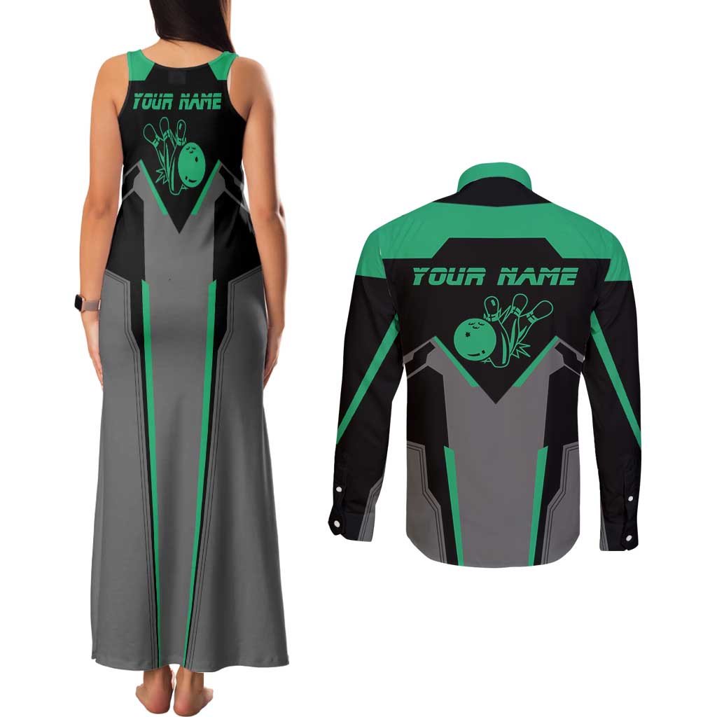 Personalized Bowling Heartbeat Team Couples Matching Tank Maxi Dress and Long Sleeve Button Shirt For Bowlers Green and Gray - Wonder Print Shop