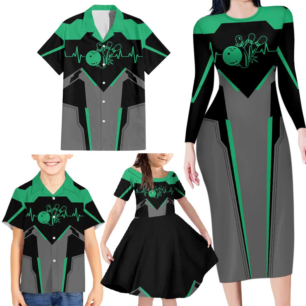 Personalized Bowling Heartbeat Team Family Matching Long Sleeve Bodycon Dress and Hawaiian Shirt For Bowlers Green and Gray - Wonder Print Shop