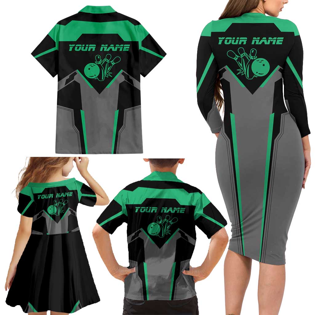 Personalized Bowling Heartbeat Team Family Matching Long Sleeve Bodycon Dress and Hawaiian Shirt For Bowlers Green and Gray - Wonder Print Shop
