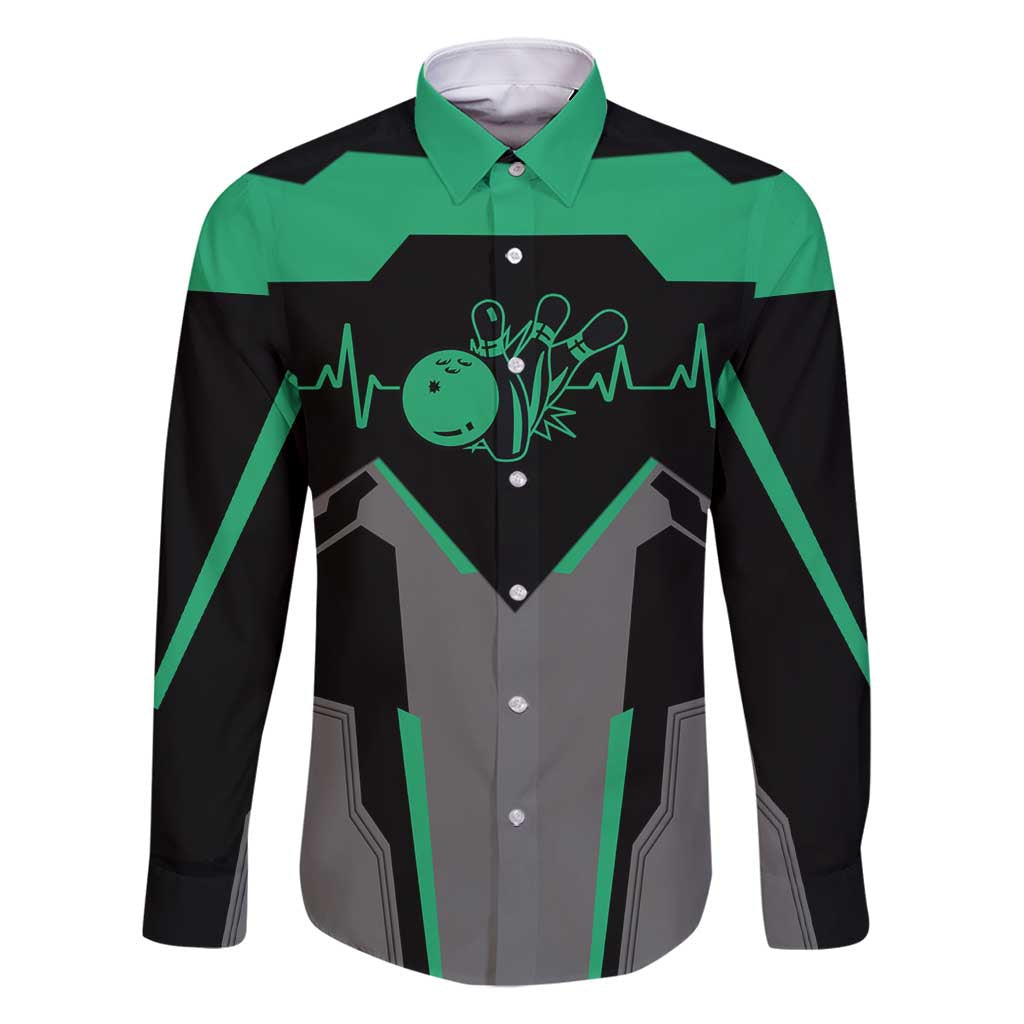 Personalized Bowling Heartbeat Team Family Matching Long Sleeve Bodycon Dress and Hawaiian Shirt For Bowlers Green and Gray - Wonder Print Shop