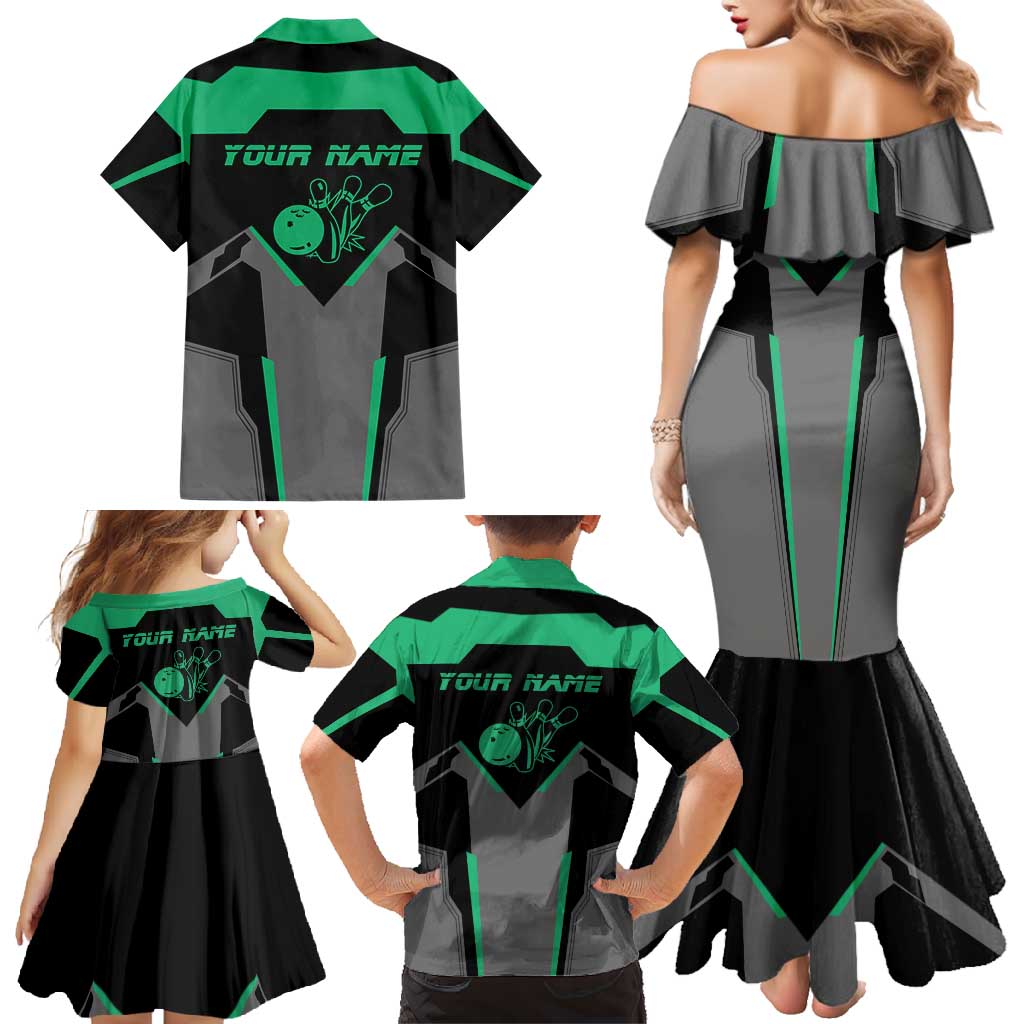 Personalized Bowling Heartbeat Team Family Matching Mermaid Dress and Hawaiian Shirt For Bowlers Green and Gray - Wonder Print Shop