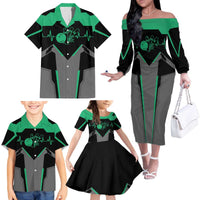 Personalized Bowling Heartbeat Team Family Matching Off The Shoulder Long Sleeve Dress and Hawaiian Shirt For Bowlers Green and Gray - Wonder Print Shop
