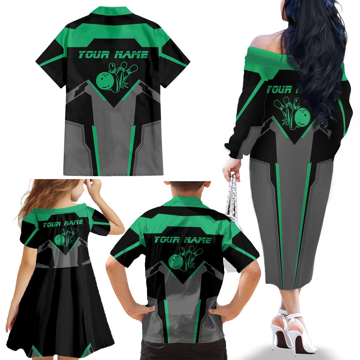 Personalized Bowling Heartbeat Team Family Matching Off The Shoulder Long Sleeve Dress and Hawaiian Shirt For Bowlers Green and Gray - Wonder Print Shop
