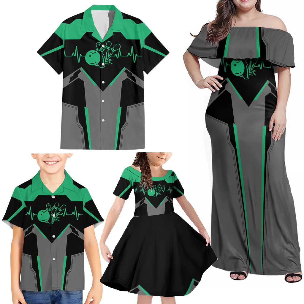 Personalized Bowling Heartbeat Team Family Matching Off Shoulder Maxi Dress and Hawaiian Shirt For Bowlers Green and Gray - Wonder Print Shop