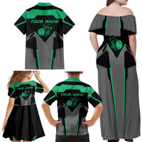 Personalized Bowling Heartbeat Team Family Matching Off Shoulder Maxi Dress and Hawaiian Shirt For Bowlers Green and Gray - Wonder Print Shop