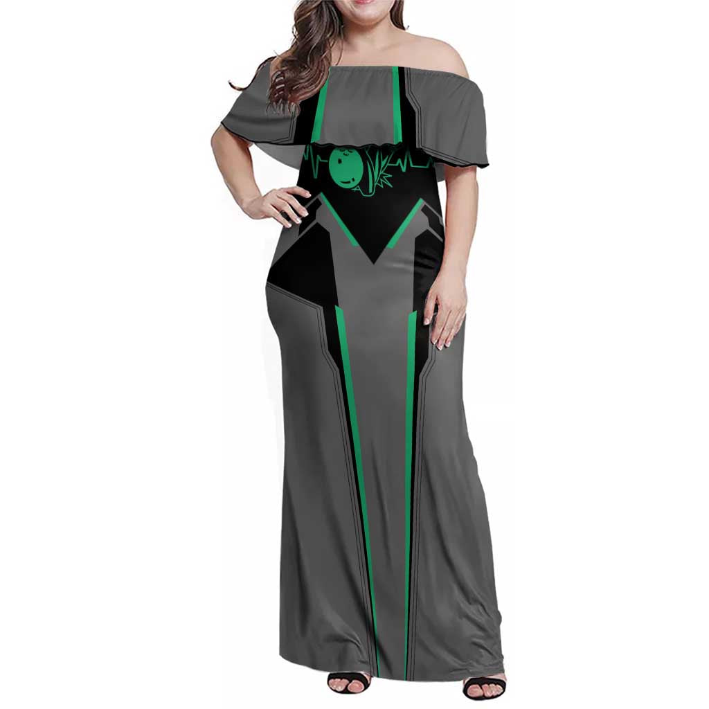 Personalized Bowling Heartbeat Team Family Matching Off Shoulder Maxi Dress and Hawaiian Shirt For Bowlers Green and Gray - Wonder Print Shop