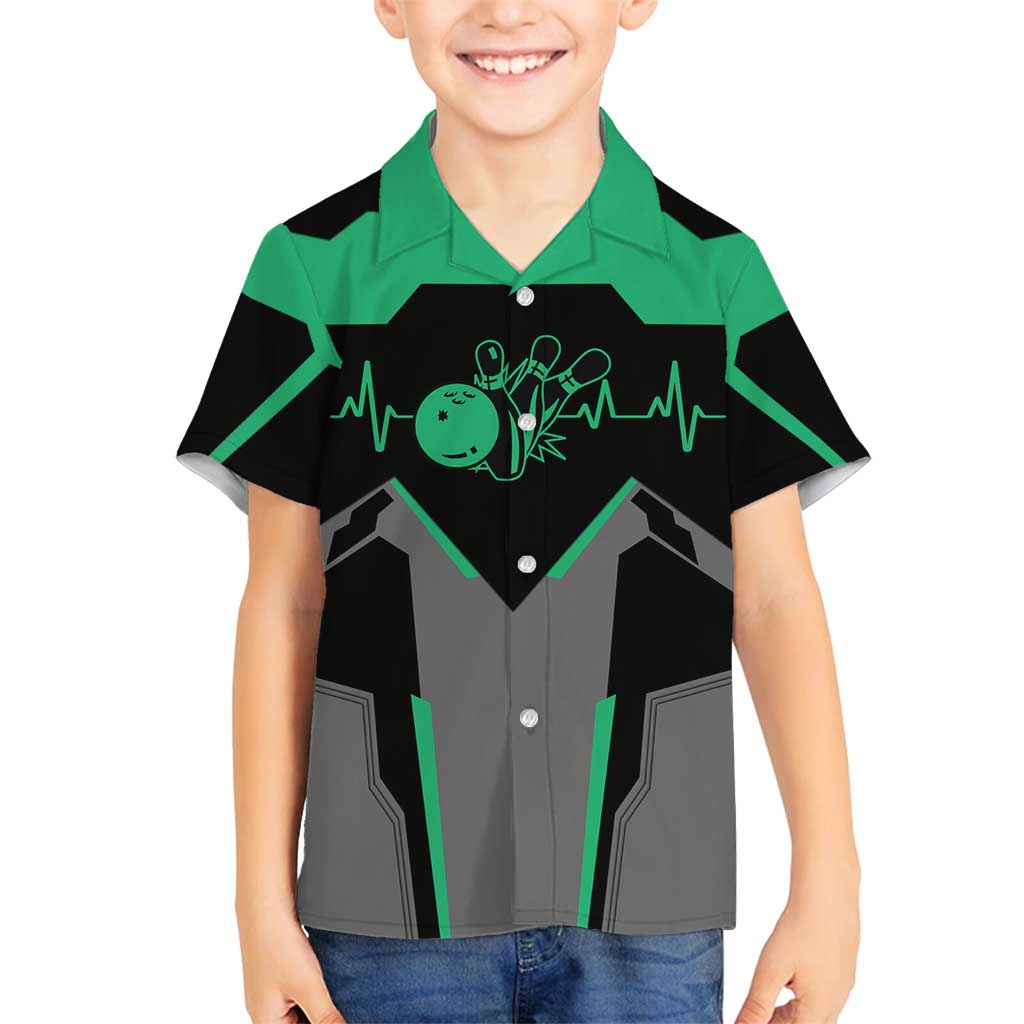 Personalized Bowling Heartbeat Team Family Matching Off Shoulder Maxi Dress and Hawaiian Shirt For Bowlers Green and Gray - Wonder Print Shop