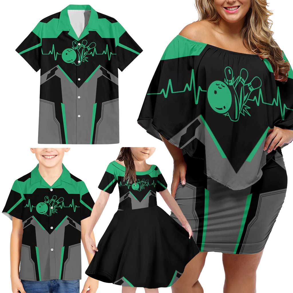 Personalized Bowling Heartbeat Team Family Matching Off Shoulder Short Dress and Hawaiian Shirt For Bowlers Green and Gray - Wonder Print Shop