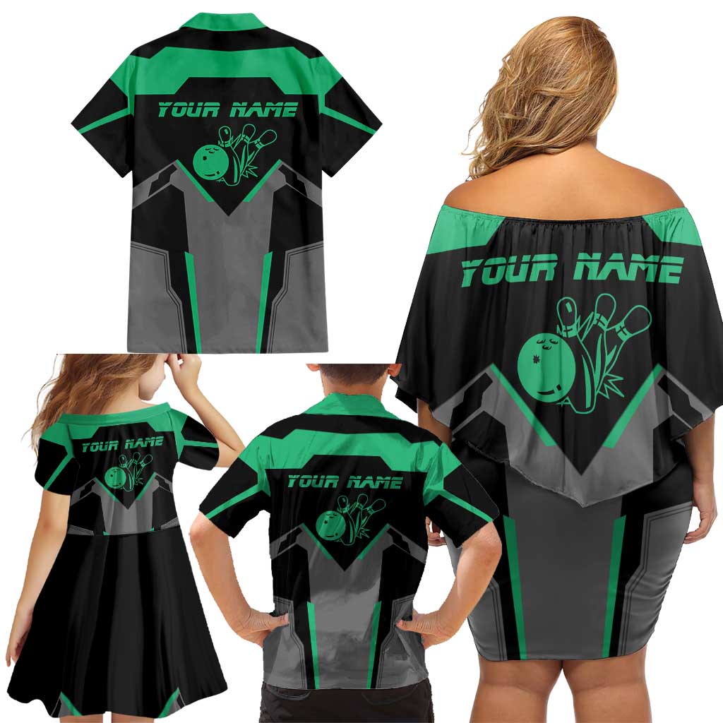 Personalized Bowling Heartbeat Team Family Matching Off Shoulder Short Dress and Hawaiian Shirt For Bowlers Green and Gray - Wonder Print Shop