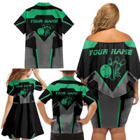 Personalized Bowling Heartbeat Team Family Matching Off Shoulder Short Dress and Hawaiian Shirt For Bowlers Green and Gray - Wonder Print Shop