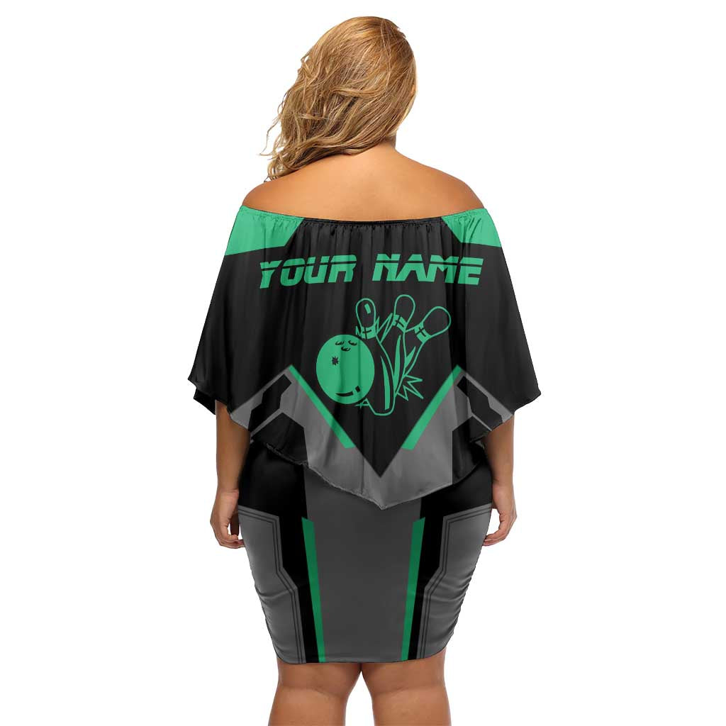 Personalized Bowling Heartbeat Team Family Matching Off Shoulder Short Dress and Hawaiian Shirt For Bowlers Green and Gray - Wonder Print Shop