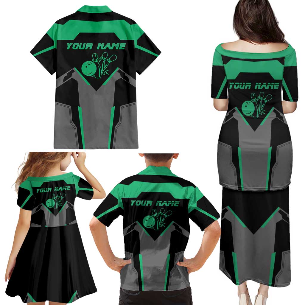 Personalized Bowling Heartbeat Team Family Matching Puletasi and Hawaiian Shirt For Bowlers Green and Gray - Wonder Print Shop