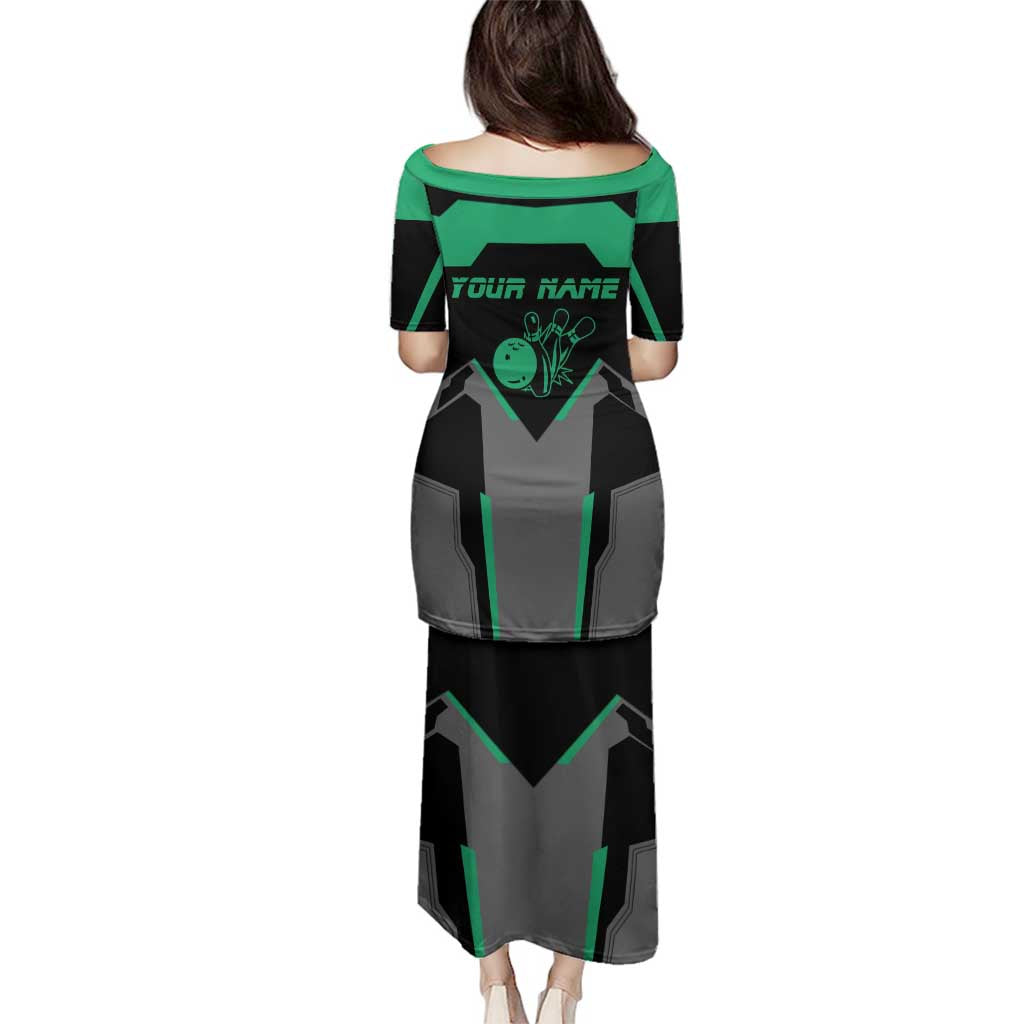 Personalized Bowling Heartbeat Team Family Matching Puletasi and Hawaiian Shirt For Bowlers Green and Gray - Wonder Print Shop