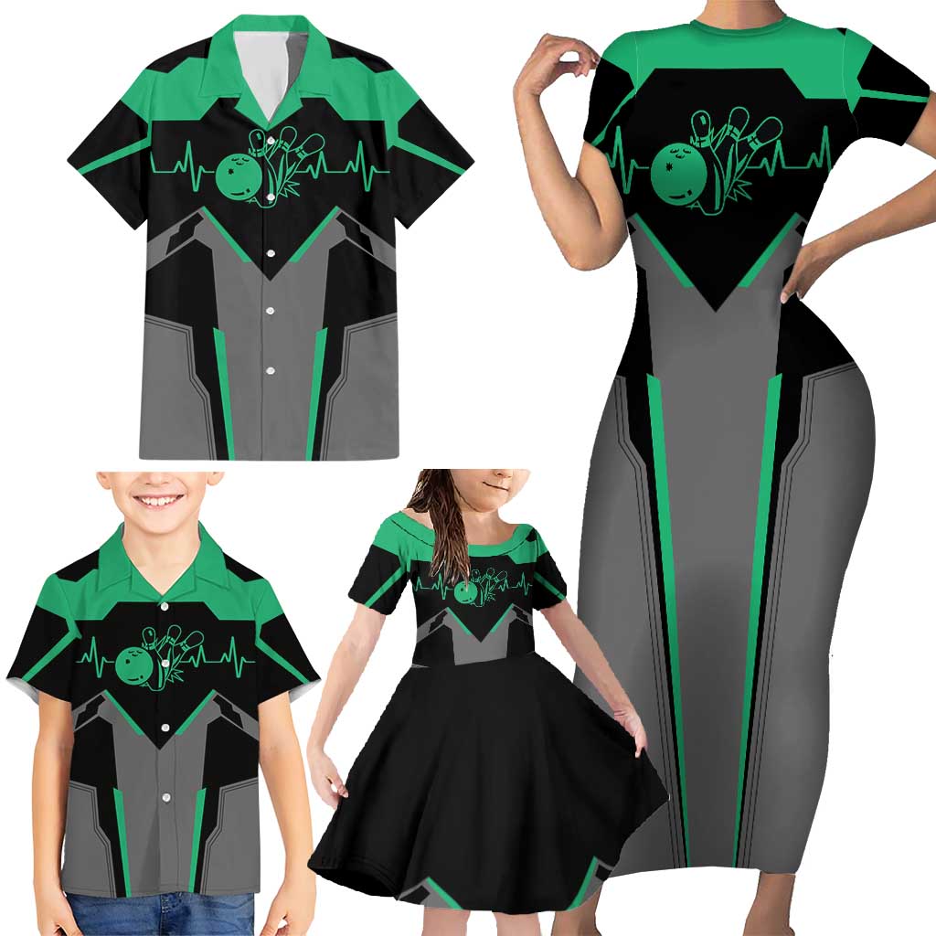 Personalized Bowling Heartbeat Team Family Matching Short Sleeve Bodycon Dress and Hawaiian Shirt For Bowlers Green and Gray - Wonder Print Shop