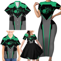 Personalized Bowling Heartbeat Team Family Matching Short Sleeve Bodycon Dress and Hawaiian Shirt For Bowlers Green and Gray - Wonder Print Shop