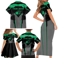 Personalized Bowling Heartbeat Team Family Matching Short Sleeve Bodycon Dress and Hawaiian Shirt For Bowlers Green and Gray - Wonder Print Shop