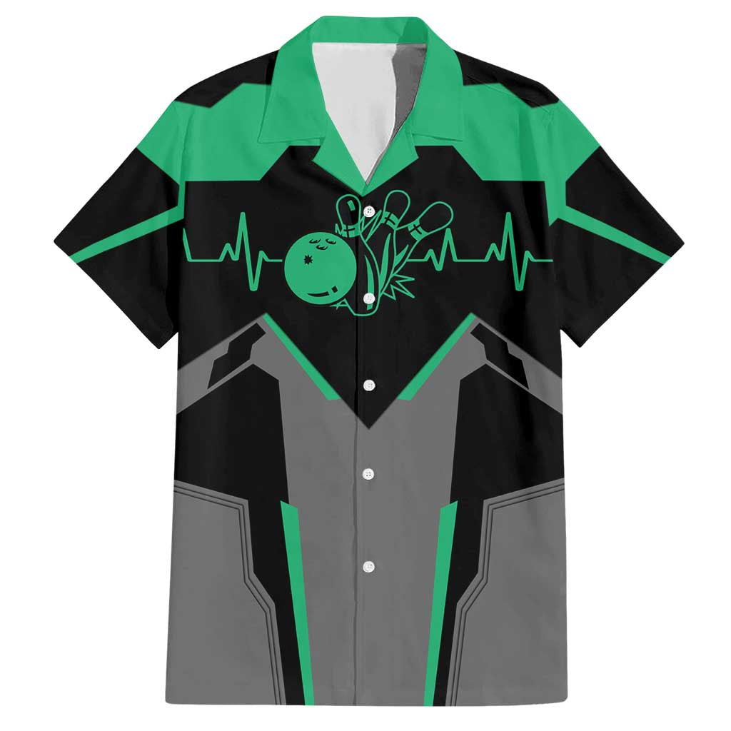 Personalized Bowling Heartbeat Team Family Matching Short Sleeve Bodycon Dress and Hawaiian Shirt For Bowlers Green and Gray - Wonder Print Shop