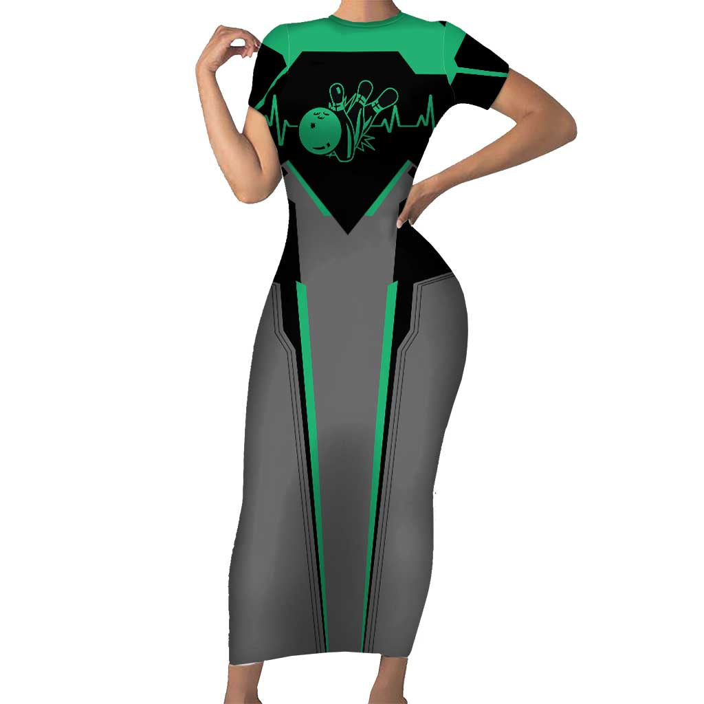 Personalized Bowling Heartbeat Team Family Matching Short Sleeve Bodycon Dress and Hawaiian Shirt For Bowlers Green and Gray - Wonder Print Shop