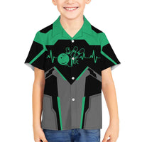 Personalized Bowling Heartbeat Team Family Matching Short Sleeve Bodycon Dress and Hawaiian Shirt For Bowlers Green and Gray - Wonder Print Shop
