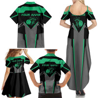 Personalized Bowling Heartbeat Team Family Matching Summer Maxi Dress and Hawaiian Shirt For Bowlers Green and Gray - Wonder Print Shop
