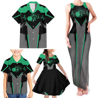 Personalized Bowling Heartbeat Team Family Matching Tank Maxi Dress and Hawaiian Shirt For Bowlers Green and Gray - Wonder Print Shop