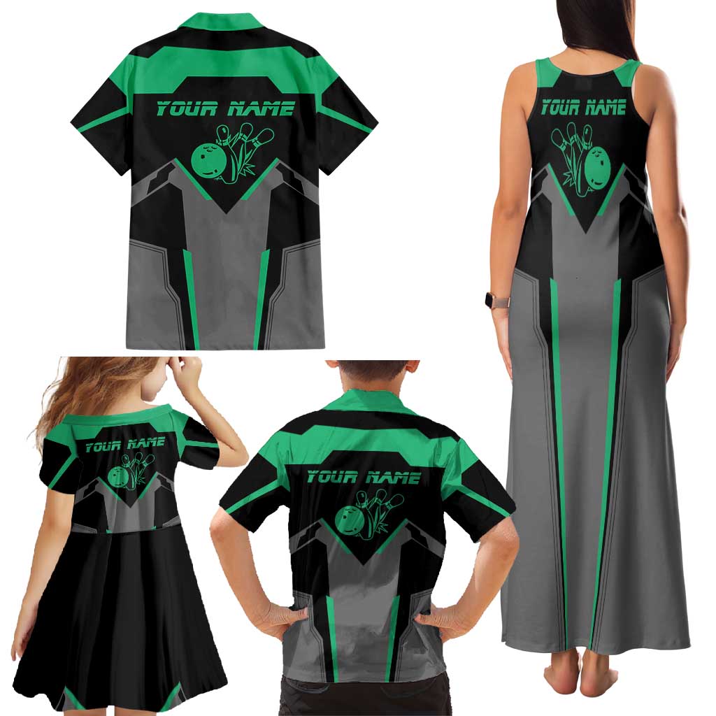 Personalized Bowling Heartbeat Team Family Matching Tank Maxi Dress and Hawaiian Shirt For Bowlers Green and Gray - Wonder Print Shop