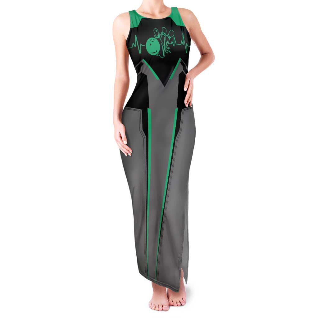 Personalized Bowling Heartbeat Team Family Matching Tank Maxi Dress and Hawaiian Shirt For Bowlers Green and Gray - Wonder Print Shop