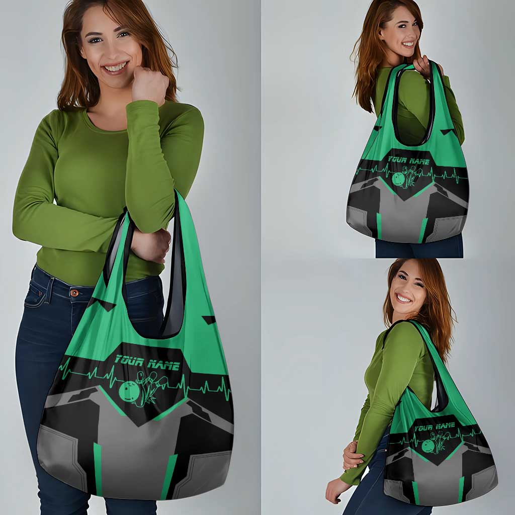 Personalized Bowling Heartbeat Team Grocery Bag For Bowlers Green and Gray - Wonder Print Shop