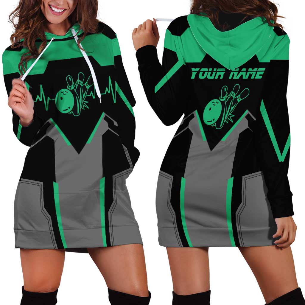 Personalized Bowling Heartbeat Team Hoodie Dress For Bowlers Green and Gray - Wonder Print Shop