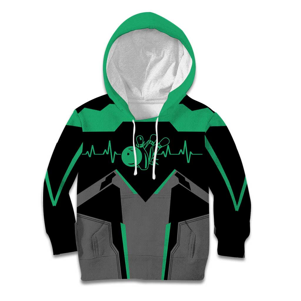 Personalized Bowling Heartbeat Team Kid Hoodie For Bowlers Green and Gray - Wonder Print Shop