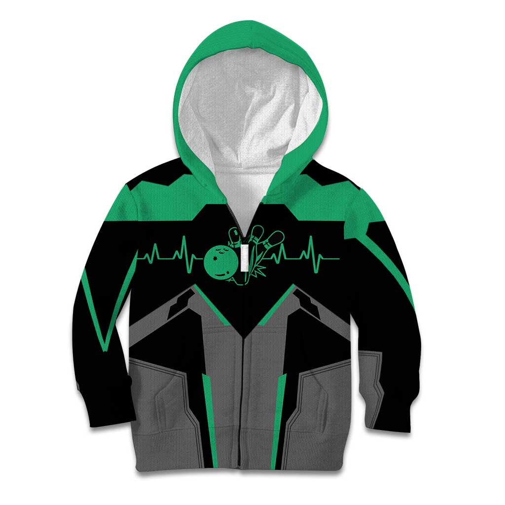 Personalized Bowling Heartbeat Team Kid Hoodie For Bowlers Green and Gray - Wonder Print Shop