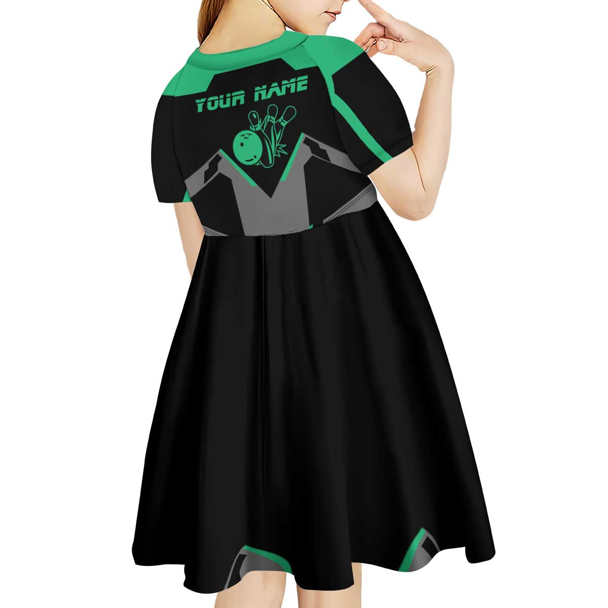 Personalized Bowling Heartbeat Team Kid Short Sleeve Dress For Bowlers Green and Gray - Wonder Print Shop