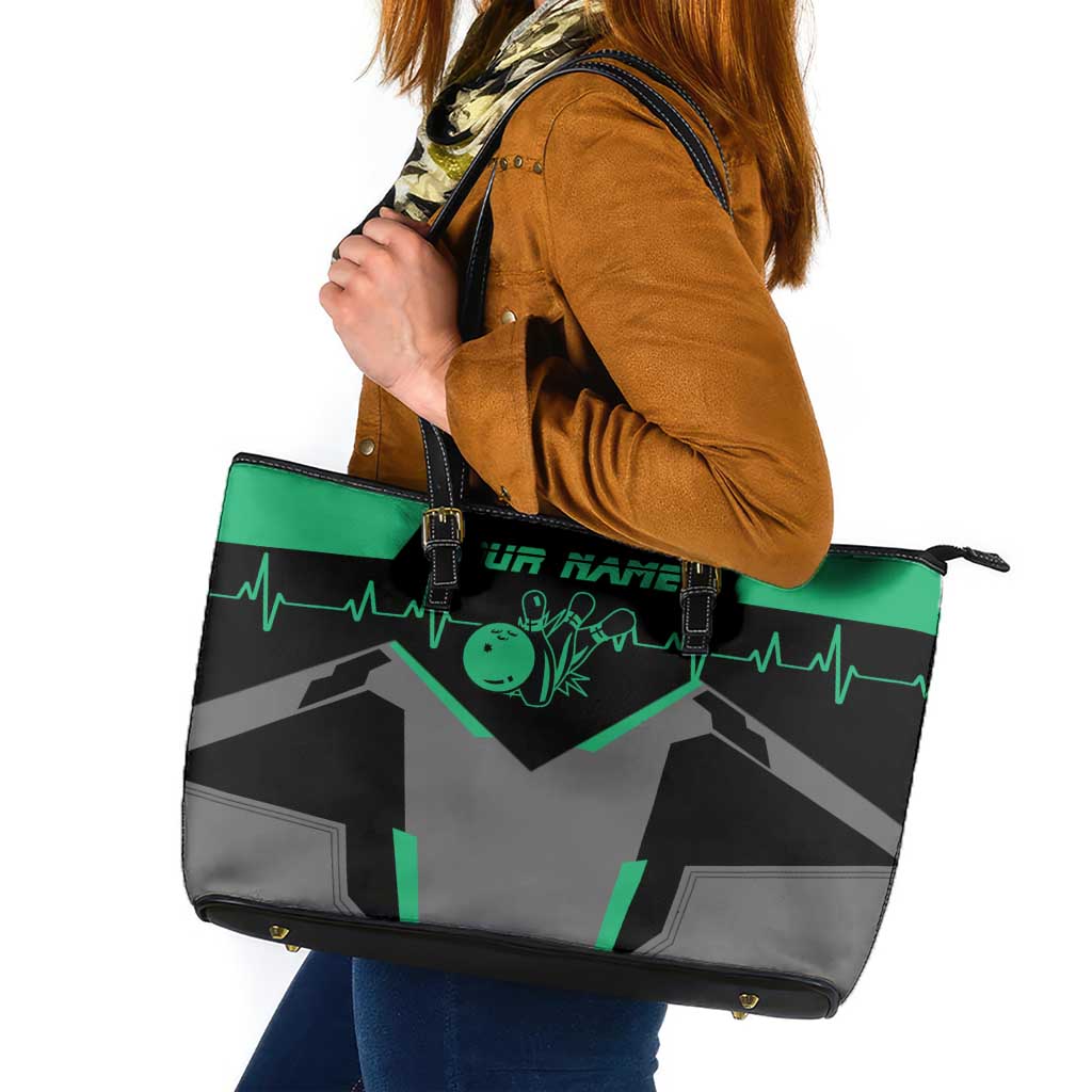 Personalized Bowling Heartbeat Team Leather Tote Bag For Bowlers Green and Gray - Wonder Print Shop